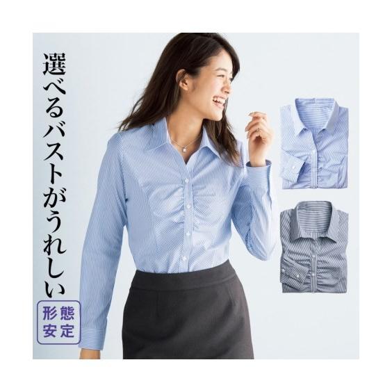 レディース 形態安定ストライプ胸ギャザースキッパー シャツ グラマーバスト オフィス スーツ S M L ニッセン Nissen ニッセン Paypayモール店 通販 Paypayモール