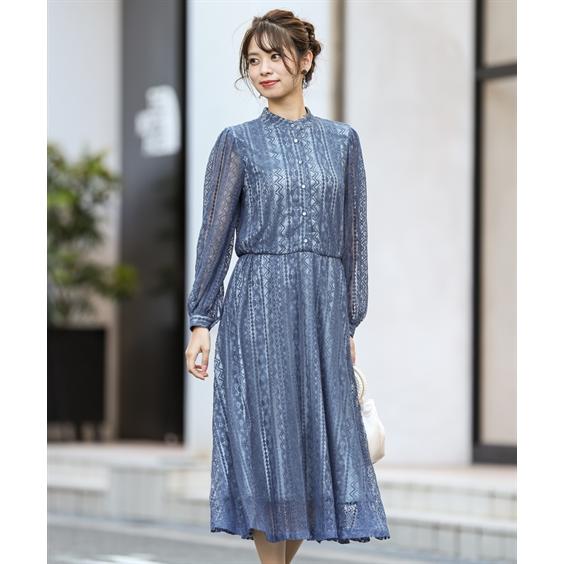 ドレス パーティー レディース 前開き ボタン スタンドカラー 正規認証品 新規格 総レース ワンピース L お呼ばれ対応 S ニッセン M 結婚式 二次会 Nissen