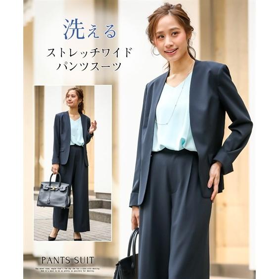 スーツ レディース ビジネス パンツ 洗える ストレッチ ノーカラー ワイド セット 仕事 通勤 大きいサイズ 8l ネイビー織柄ストライプ ニッセン Nissen ニッセン Paypayモール店 通販 Paypayモール