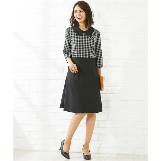 ットも 事務服 黒 ネイビーチェック柄 ネイビー ニッセン Nissen ニッセン Paypayモール店 通販 Paypayモール ワンピース レディース 七分袖 洗える オフィス 仕事 スーツ M L グレンチェック柄 タイプのか