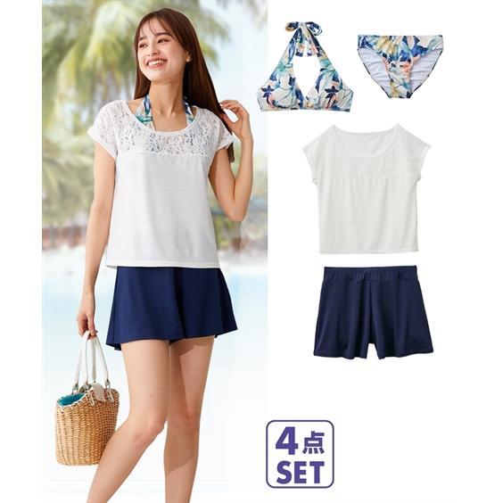 水着 大きいサイズ レディース レース切替 Tシャツ付 ビキニ 4点セット 4l 5l 6l 8l 10l ニッセン Nissen ニッセン Paypayモール店 通販 Paypayモール