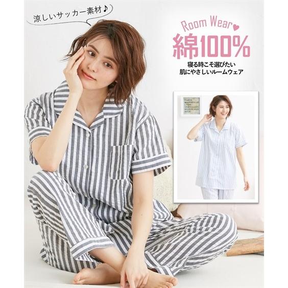 パジャマ 上下セット レディース 綿100 ストライプ 半袖 前開き シャツ サッカー素材 Ll 3l ニッセン ニッセン Paypayモール店 通販 Paypayモール