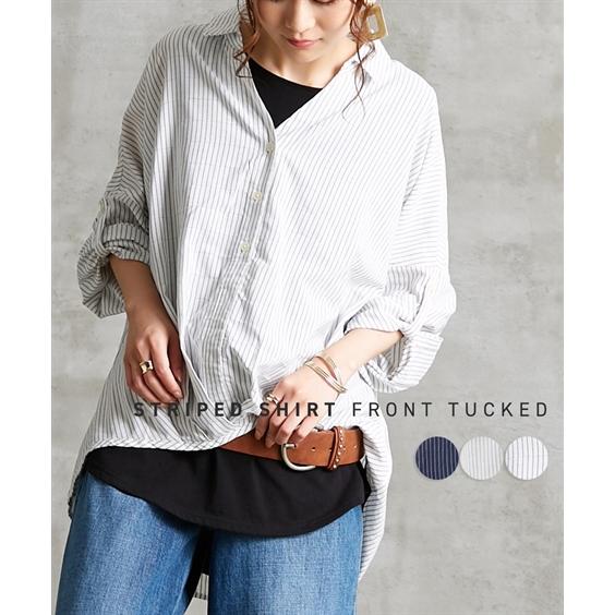 レディース 袖ロールアップ 薄手素材 フロントタック入 ストライプ シャツ M L ニッセン Nissen ニッセン Paypayモール店 通販 Paypayモール