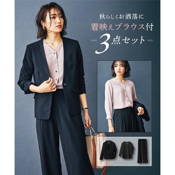 値引 スーツ パンツ 大きいサイズ レディース 着映え ブラウス付 洒落見え セミワイド 3点セット Ll 3l ニッセン Nissen 楽天ランキング1位 Clinilab Net