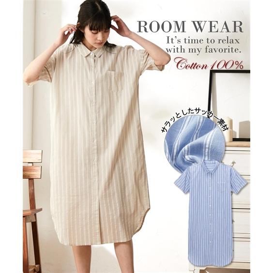 パジャマ ルームウェア 綿100 サッカーストライプゆるっと5分袖シャツパジャマワンピース ニッセン Nissen ニッセン Paypayモール店 通販 Paypayモール
