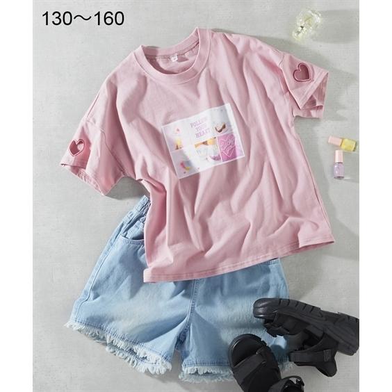 Tシャツ カットソー キッズ 女の子 綿100％ ハート型抜き 刺しゅう 転写プリント 子供服 ジュニア服 身長140/150/160cm ニッセン nissen｜nissenzai