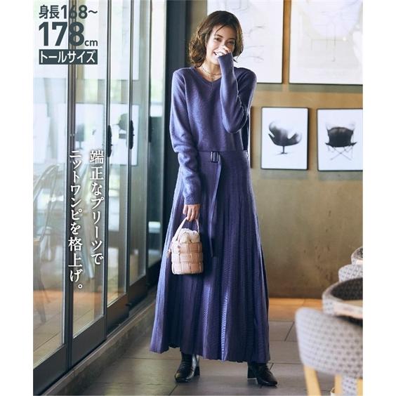 ワンピース ロング マキシ トールサイズ レディース プリーツ ニット 共布 ベルト付 冬 M L ニッセン Nissen ニッセン Paypayモール店 通販 Paypayモール