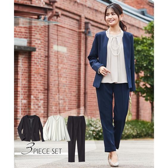 フォーマル 3点セット 大きいサイズ レディース 入学式 卒業式 タック ボウタイ風 デザイン ブラウス + ノーカラー ジャケット + テーパード  パンツ 8L ニッセン :ZZY4322A0187:ニッセン Yahoo!店 - 通販 - Yahoo!ショッピング