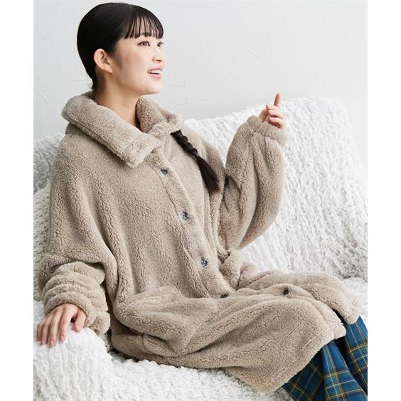 週末値下げ★WJKW ベージュニットガウン 裏ボア 襟ファー付き ニッセン（nissen） ガウン レディース ふわぬくマイクロファー首