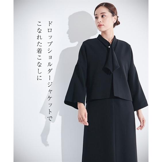 喪服 ワンピース レディース 礼服 Callarus 日本製生地使用洗える防しわ デザイン アンサンブル ドロップ ショルダー ジャケット ＋パール調ボタン使い 有の画像