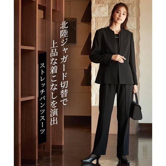 喪服 スーツ パンツ 大きいサイズ レディース 礼服 洗える防しわ北陸ジャガード使い ストレッチ ジャケット ＋パール調アクセ付 ブラウス ＋ 有 黒 4L/5L/6L ニッセン nissen nissenzai_zzy4323a2288