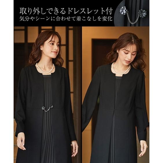 喪服 ワンピース レディース 礼服 防しわフロント プリーツ アンサンブル風 前開き S/M/L ニッセン nissenの画像