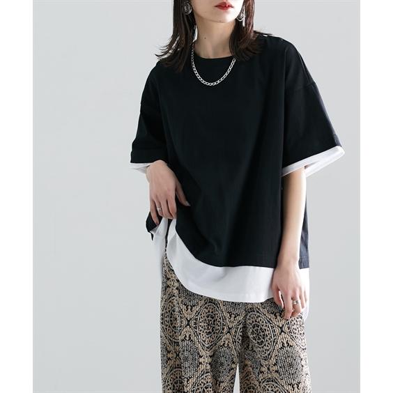 Tシャツ カットソー レディース 汗染み防止 綿100％ フェイクレイヤードBIGシルエット トップス Soiunique M/L/LL ニッセン nissen｜nissenzai｜15