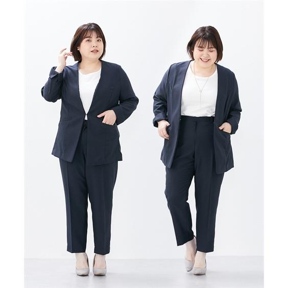 ✨希少色 大きいサイズ✨インディヴィ パンツスーツ ノーカラー リネン