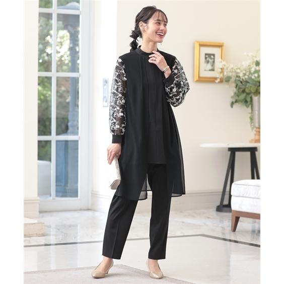 ドレス パンツ レディース 結婚式 パーティー 袖チュール レース フロントファスナー ロング ブラウス ＋ セットアップ 有 ベージュ系/黒系 M/L ニッセン nissen ニッセン（nissen） ドレス パンツ レディース 結婚式 パーティー 袖