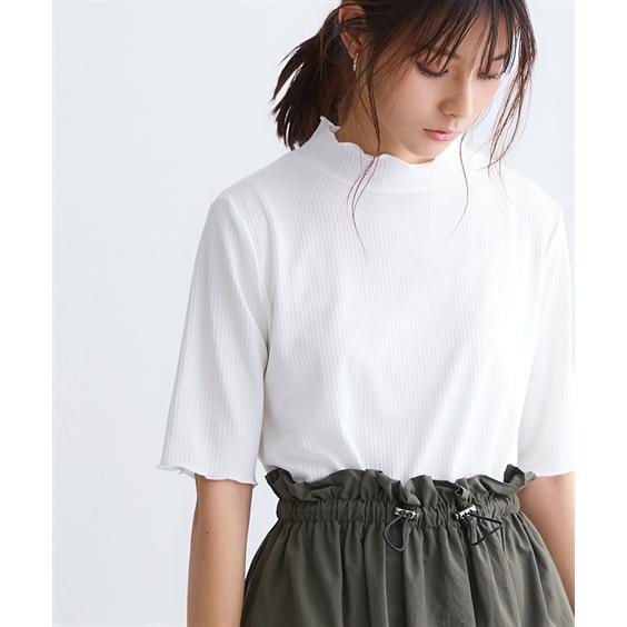 Tシャツ カットソー レディース 細リブ ハイネック 5分袖 トップス S〜8L ニッセン nissen｜nissenzai｜24