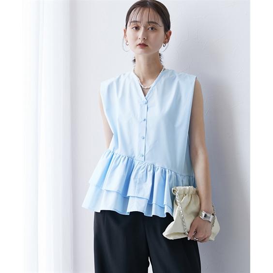 ヨリ 24SS ウェッジラインブラウス ノースリーブ チュニック丈 ELFRANK ブラウス シャツ スカラップビックカラーティアードチュニック