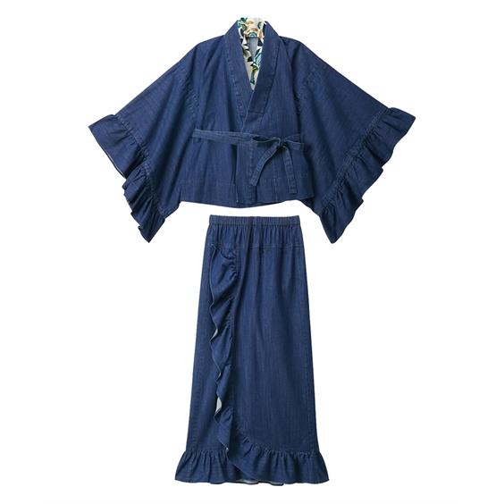 本日値下げ激レア高見え❣️綿100％デニム浴衣(花柄半襟付き) GEVS.＋帯付き 本日値下げ激レア高見え❣️綿100％デニム浴衣(花柄半襟付き