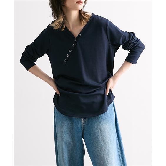 ニッセン（nissen） Tシャツ レディース ヘンリーネック 斜めボタン