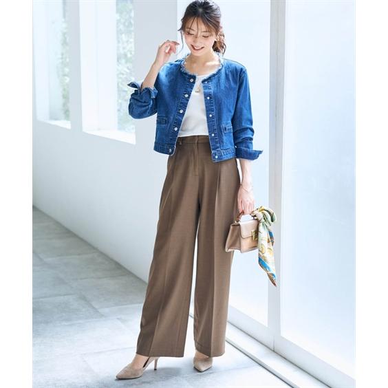 V*t様 レリアン ミューズバイロシャスデニム ノーカラージャケット フリンジ付 ニッセン ジャケット デニム アウター 大きいサイズ レディース