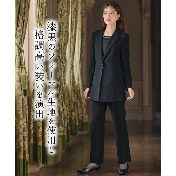 喪服 礼服 ブラックフォーマル パンツスーツ レディース 洗える 防しわ 北陸ジャガード使い ドッキング ロング ストレッチ ジャケット＋ パンツ スーツ ニッセンの画像