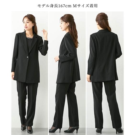 喪服 礼服 ブラックフォーマル パンツスーツ レディース 洗える 防しわ 北陸ジャガード使い ドッキング ロング ストレッチ ジャケット＋ パンツ スーツ ニッセンの画像