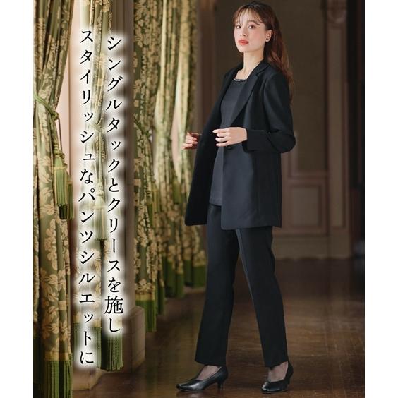 喪服 礼服 ブラックフォーマル パンツスーツ レディース 洗える 防しわ 北陸ジャガード使い ドッキング ロング ストレッチ ジャケット＋ パンツ スーツ ニッセンの画像