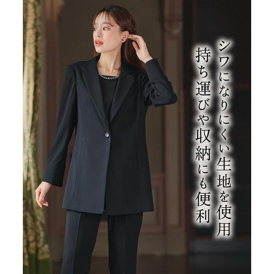 喪服 礼服 ブラックフォーマル パンツスーツ レディース 洗える 防しわ 北陸ジャガード使い ドッキング ロング ストレッチ ジャケット＋ パンツ スーツ ニッセンの画像