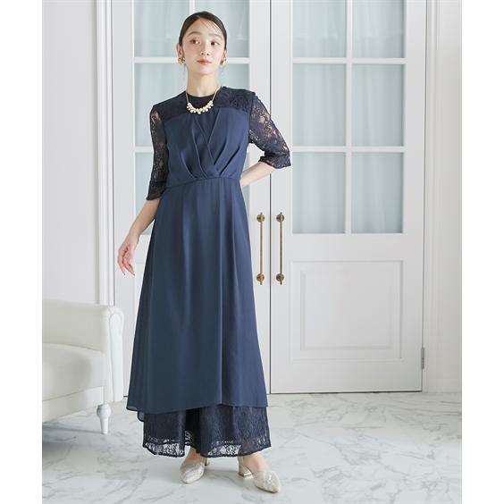パーティドレス パンツ レディース 結婚式 パーティー ドレス タック デザイン ワンピース ＋ レース ワイド 二次会 披露宴 お呼ばれ M/L ニッセン nissen_13