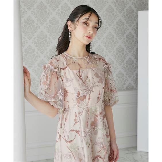 パーティドレス ワンピース レディース 結婚式 パーティー ドレス パフスリーブ花柄刺繍 二次会 披露宴 お呼ばれ フォーマルドレス M/L ニッセン nissen_9