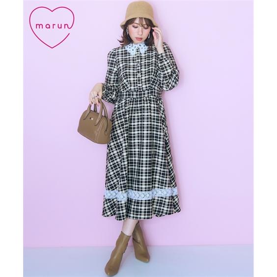 ワンピース ロング マキシ 大きいサイズ レディース レース 切り替えチェック marun ひざ下 L/LL/3L/4L/5L ニッセン nissen ニッセン（nissen） ワンピース ロング マキシ 大きいサイズ