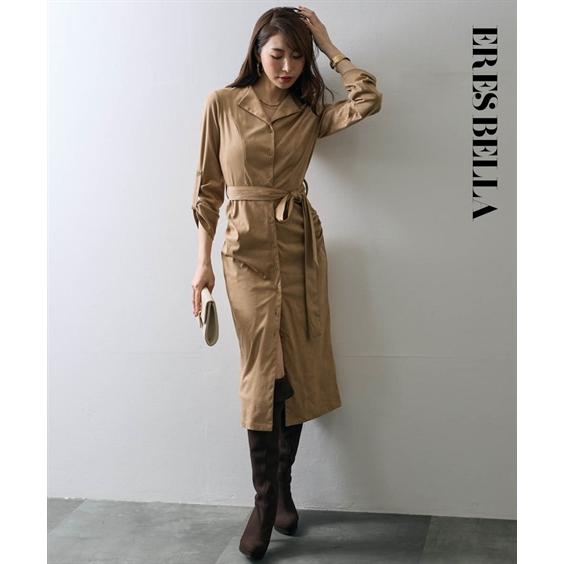 ワンピース ロング マキシ レディース ベルテッド シャツ 有 ERES BELLA  ひざ下 LL/3L ニッセン nissen ニッセン（nissen） ワンピース ロング マキシ レディース ベルテッド