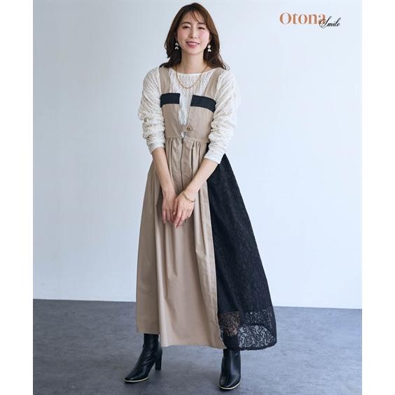 ジャンパースカート レディース サイド レース ジャンパー スカート OtonaSMILE  ジャンスカ ワンピース LL/3L/4L ニッセン nissen ニッセン（nissen） ジャンパースカート レディース サイド レース