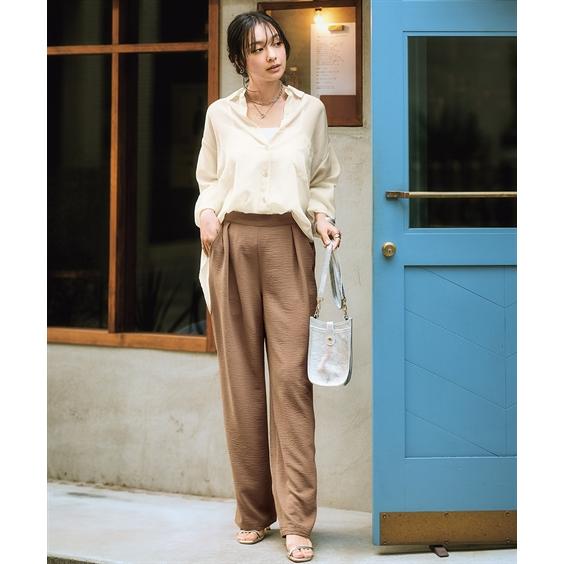ワイドパンツ レディース しぼサテンインタックとろみイージー