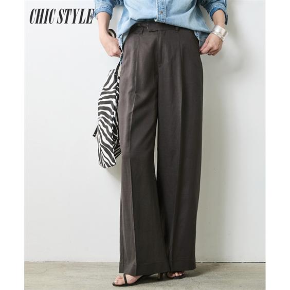 ワイドパンツ 大きいサイズ レディース レーヨン麻タックワイド パンツ 有 シックス タイル 夏  ゆったり 体型カバー 美脚 ボトムス 6L/8L/10L ニッセン nissen ニッセン（nissen） ワイドパンツ 大きいサイズ レディース レーヨン麻