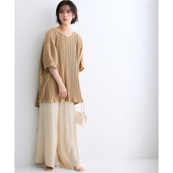 yamato　LEONARD FASHION ベージュ 五分袖チュニック ニッセン（nissen） チュニック レディース ランダム プリーツ 5分袖