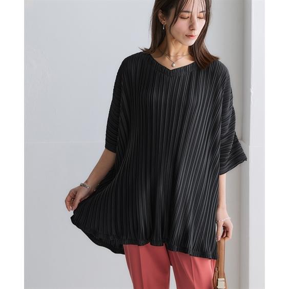 チュニック 大きいサイズ レディース ランダム プリーツ 5分袖