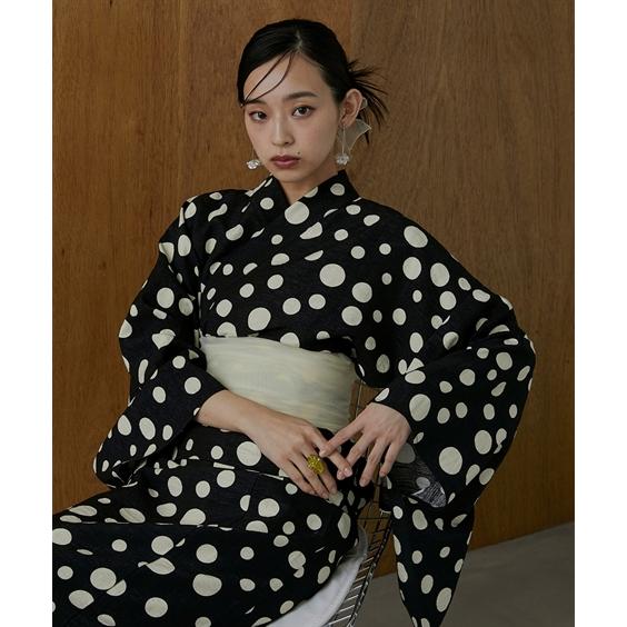 黒地ドット柄［単衣］小紋　正絹　可愛い水玉柄　楽しい1枚 ニッセン（nissen） 浴衣 レディース ドット柄 ワンピース セット 上衣