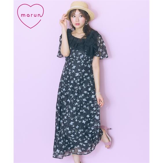 ワンピース ロング マキシ レディース 衿元チュールドッキング marun 夏 ひざ下  | L/LL/3L/4L/5L | ニッセン nissen ニッセン（nissen） ワンピース ロング マキシ レディース 衿元