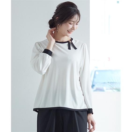 慈雨　長袖プルオーバー　日本製　カットソー ニッセン（nissen） Tシャツ カットソー 衿ぐり配色リボン付 長袖 プル