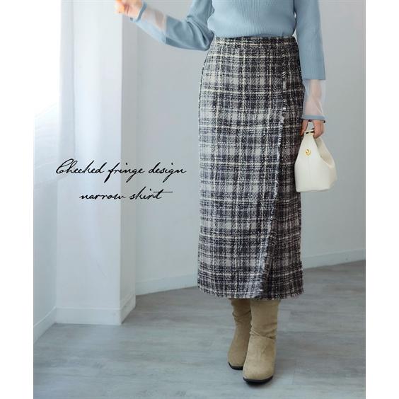 ニッセン（nissen） スカート ひざ丈 レディース チェック柄フリンジ