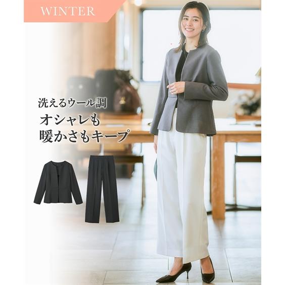 スーツ レディース ペプラム ジャケット パンツ ノーカラー ＋ワイド ストレッチ ウール調シリーズ 冬 ビジネス セットアップ | 4L/5L/6L | ニッセン nissen ニッセン（nissen） スーツ レディース ペプラム ジャケット パンツ