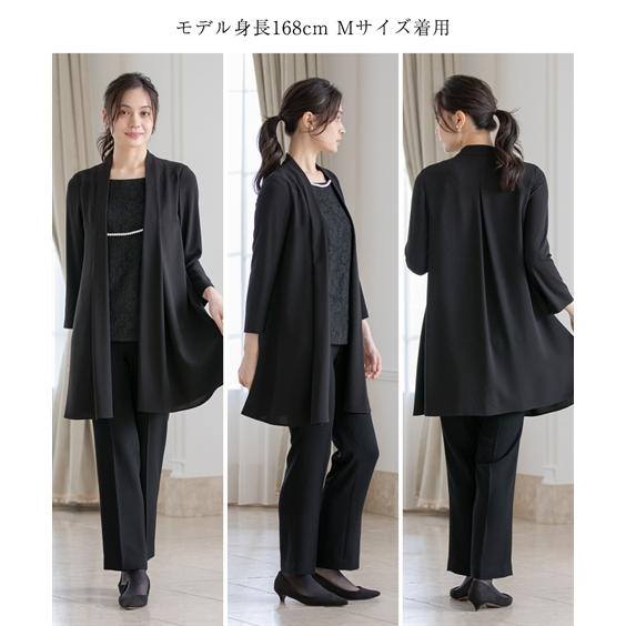 喪服 礼服 ブラックフォーマル レディース 袱紗も入るポケット仕様 洗える防しわパール調 アクセサリー 付き羽織り風 ブラウス ＋ ストレッチ パンツ スーツの画像