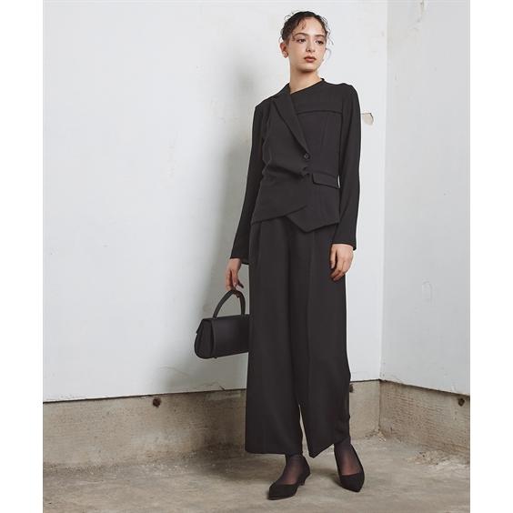 喪服 礼服 ブラックフォーマル レディース 洗える防しわ 前開き アシメ ジャケット ドッキング デザイン ブラウス ＋ワイド パンツ セットアップ 〔Callarus〕の画像