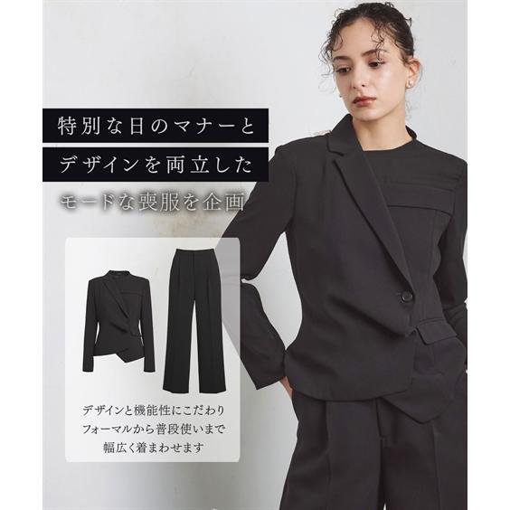喪服 礼服 ブラックフォーマル レディース 洗える防しわ 前開き アシメ ジャケット ドッキング デザイン ブラウス ＋ワイド パンツ セットアップ 〔Callarus〕の画像