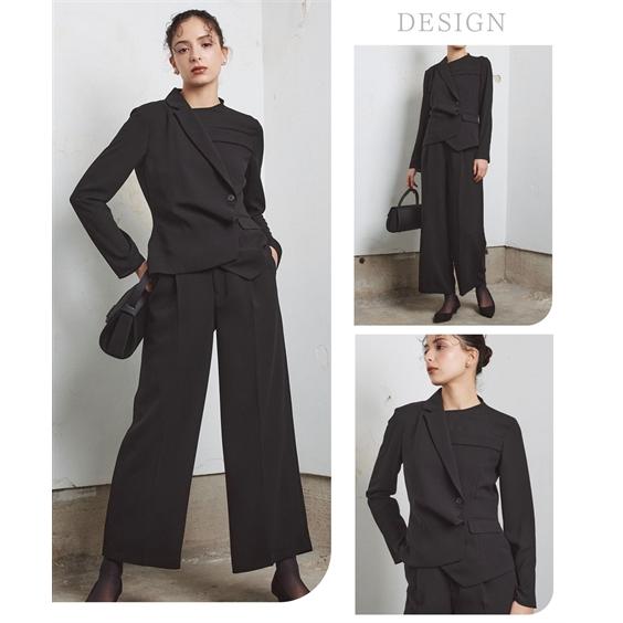 喪服 礼服 ブラックフォーマル レディース 洗える防しわ 前開き アシメ ジャケット ドッキング デザイン ブラウス ＋ワイド パンツ セットアップ 〔Callarus〕の画像