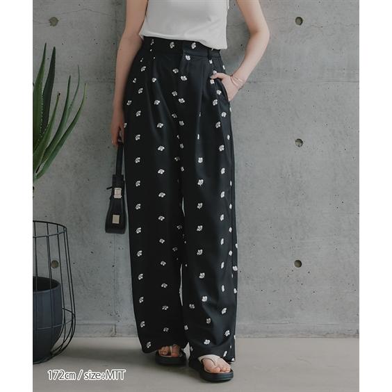 パンツ ワイドパンツ トールサイズ レディース 高身長 花柄刺しゅうツイルタック Essenave 夏 大きいサイズ ゆっ_13