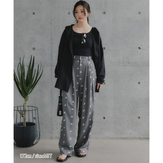 パンツ ワイドパンツ トールサイズ レディース 高身長 花柄刺しゅうツイルタック Essenave 夏 大きいサイズ ゆっ_3