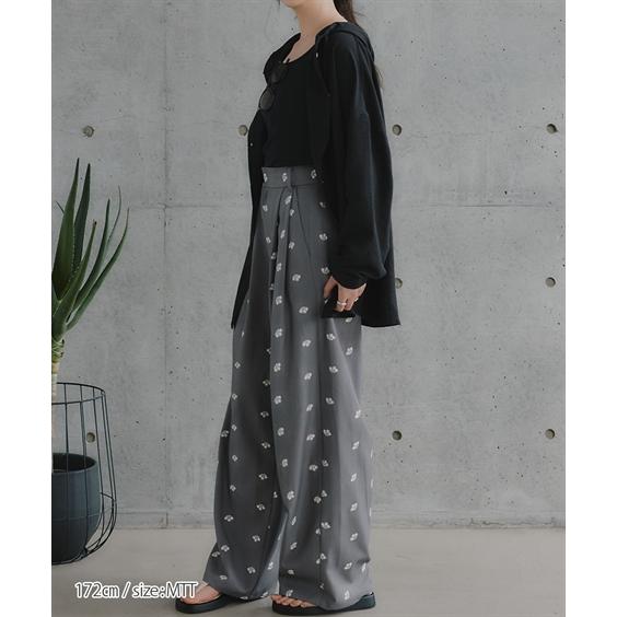 パンツ ワイドパンツ トールサイズ レディース 高身長 花柄刺しゅうツイルタック Essenave 夏 大きいサイズ ゆっ_4