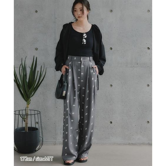 パンツ ワイドパンツ トールサイズ レディース 高身長 花柄刺しゅうツイルタック Essenave 夏 大きいサイズ ゆっ_5